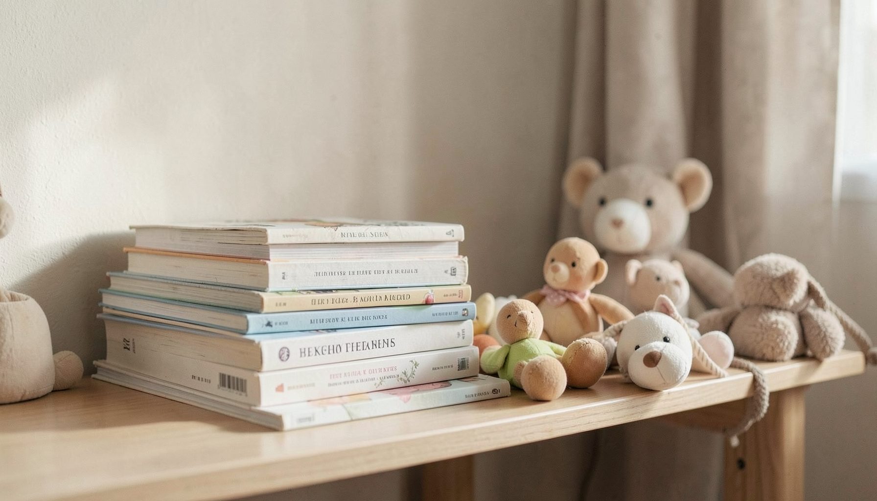 Стопка книг и детские игрушки на полке, уютный интерьер детской комнаты в нейтральных тонах